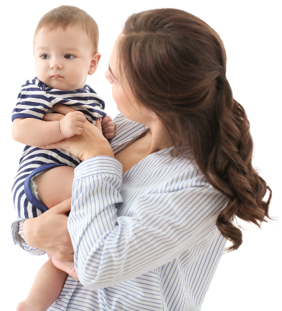 A mother holds her baby and smiles at him.