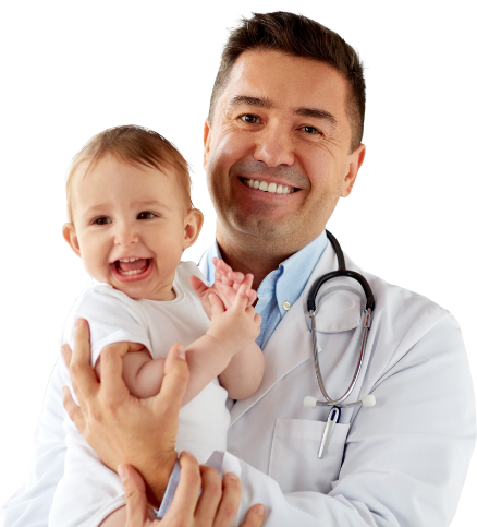 A male, Asian doctor holds a laughing baby while he smiles broadly.